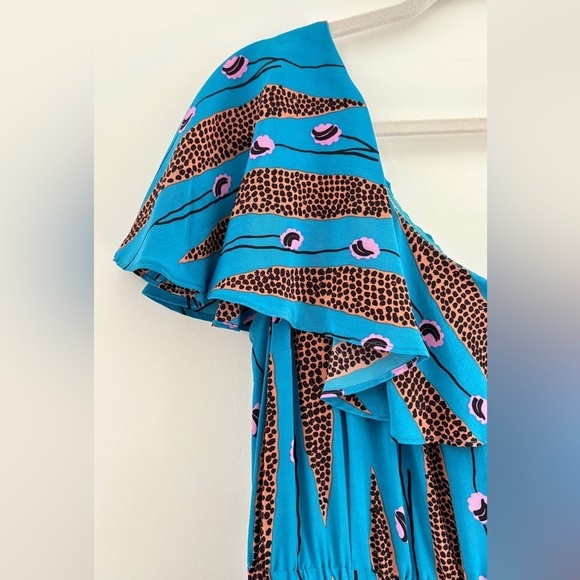 Tracy Reese One Shoulder Silk Dress Blue Leopard Print Cocktail New Years Size 0 - Picture 6 of 10